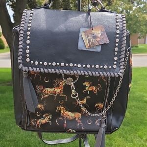 Montana West Black and Brown Equestrian Backpack with Studded Details